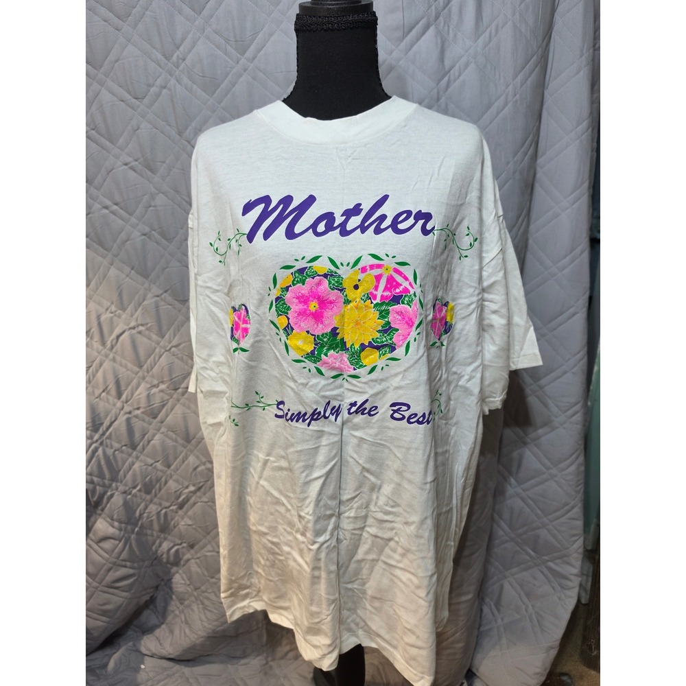 Vintage TSI Mother Simply the Best T Shirt White Floral Heart Single Stitch XL